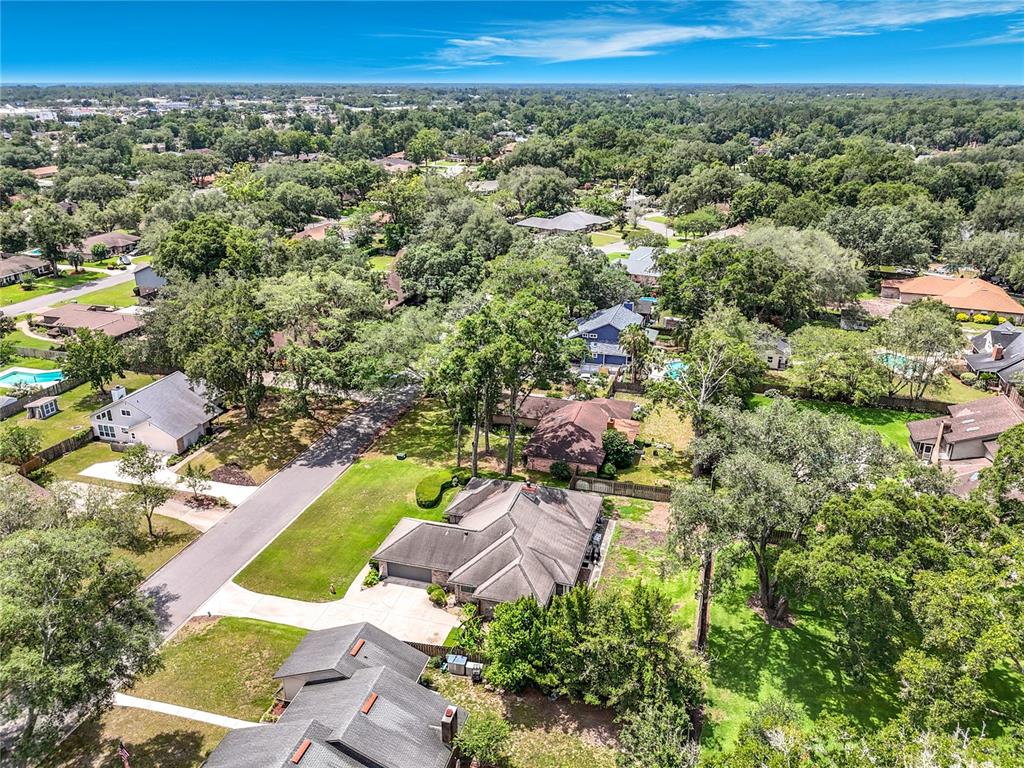 An aerial view shows several suburban houses surrounded by dense trees and green lawns — 290 GLENEAGLES DRIVE, ORANGE PARK, FL