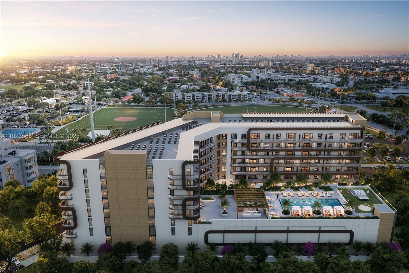 This is an architectural rendering of a modern apartment building with a rooftop pool deck — 218 SE 7th St # 517, Hallandale Beach FL 33009, HALLANDALE BEACH, FL