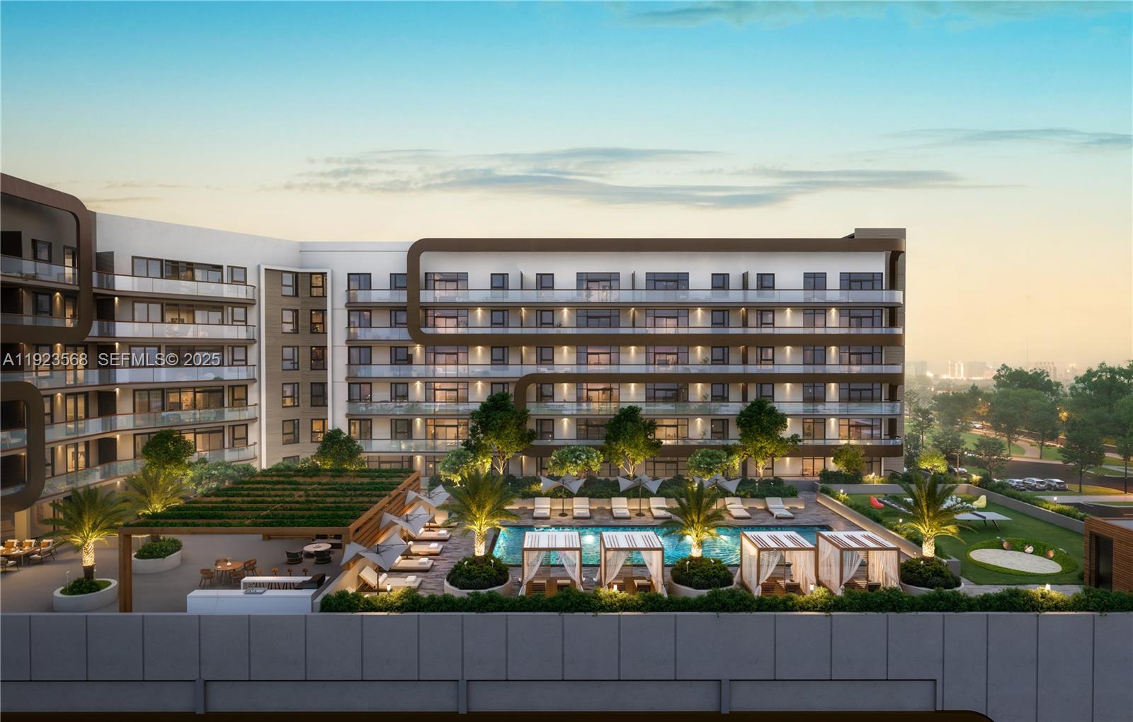 This is a digital rendering of a modern apartment building exterior with a pool deck — 218 SE 7th St # 517, Hallandale Beach FL 33009, HALLANDALE BEACH, FL