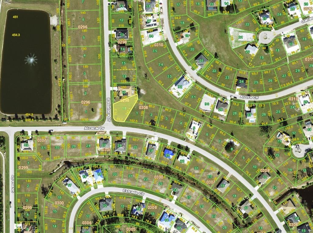 This is a satellite map showing residential lots, streets, and a pond — 16174 BADALONA DRIVE, PUNTA GORDA, FL