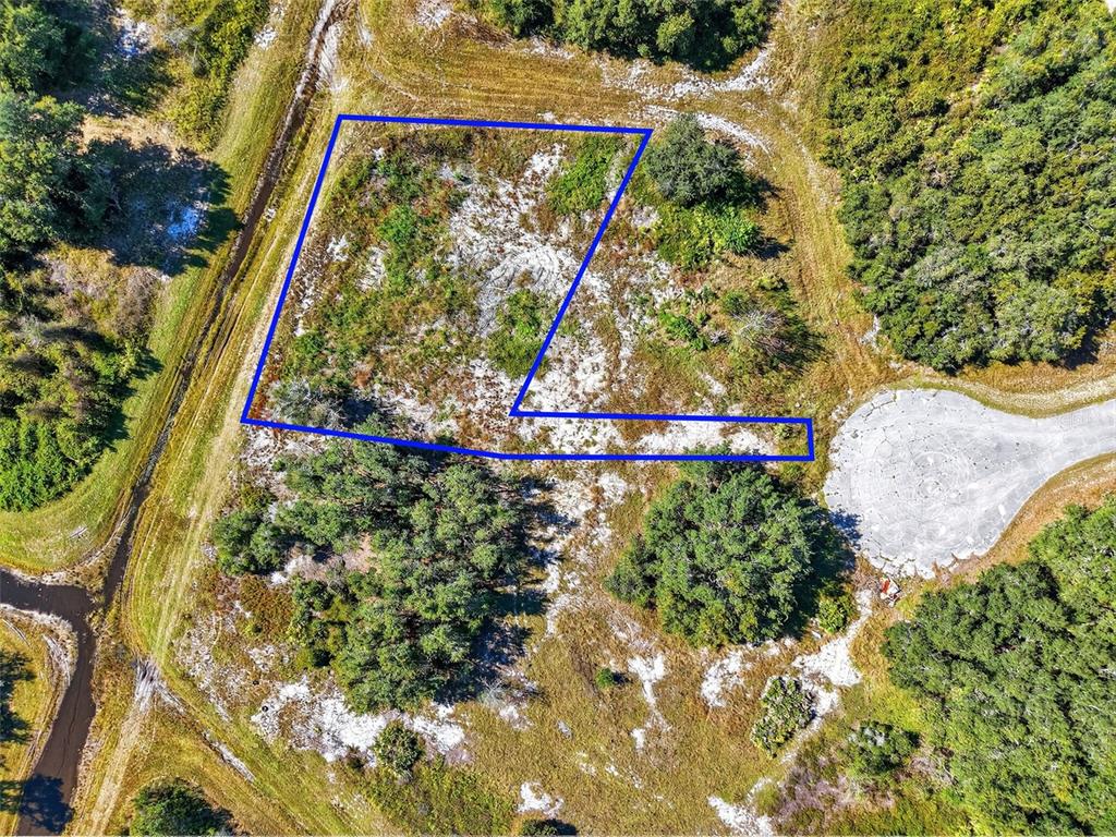 An aerial view shows a vacant, irregularly shaped lot outlined in blue near a cul-de-sac — 1417 SEBRING WAY, POINCIANA, FL