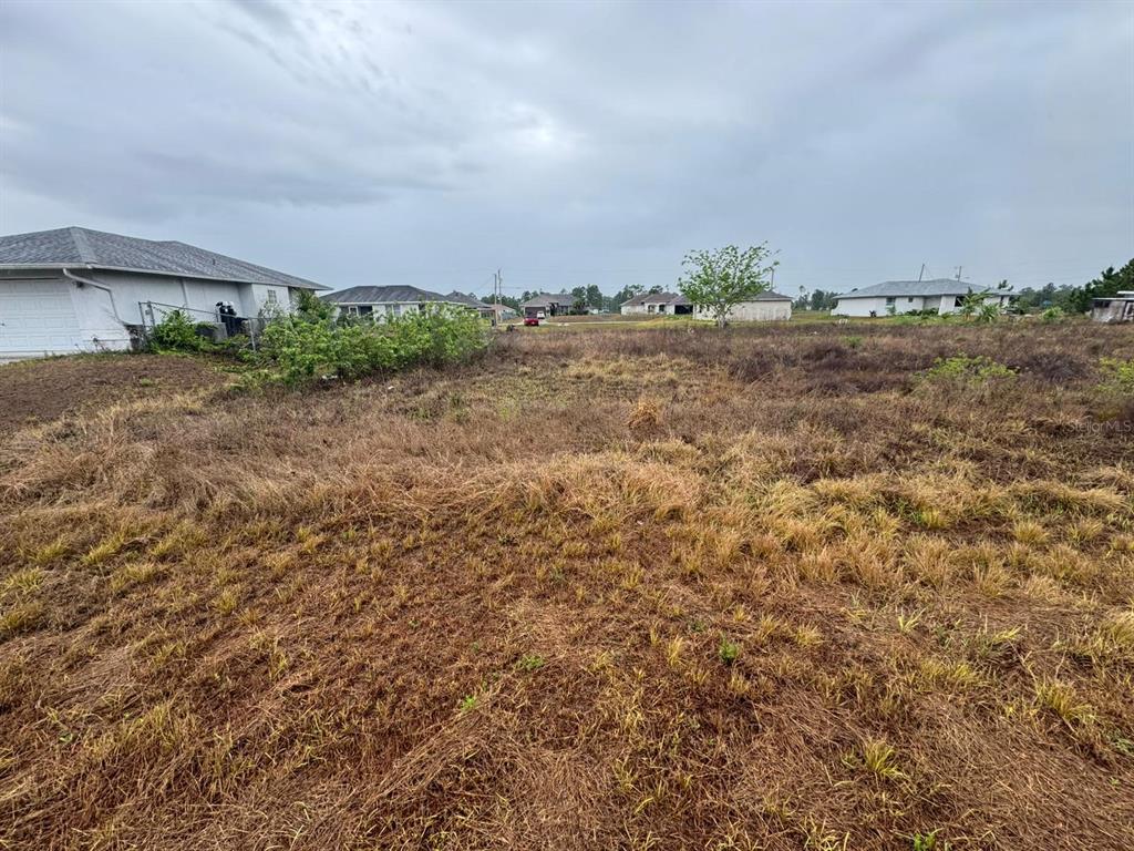 A vacant, grassy residential lot sits between several suburban houses under a cloudy sky — 1142 ECRUE STREET E, LEHIGH ACRES, FL