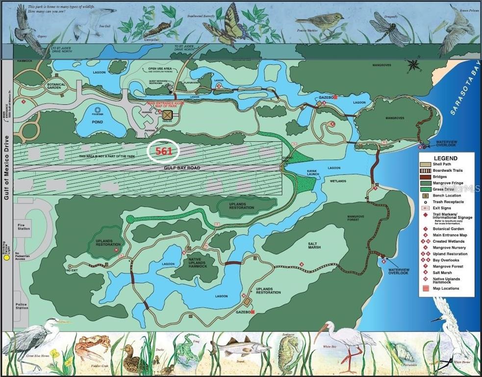 This is a map of a park featuring walking trails, lagoons, and various natural habitats — 561 GULF BAY ROAD, LONGBOAT KEY, FL