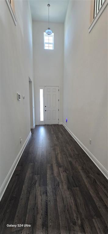 A tall, narrow entryway features dark wood-look flooring, white walls, and a high ceiling — 18410 BLUE HERON CIRCLE, DEER ISLAND, FL