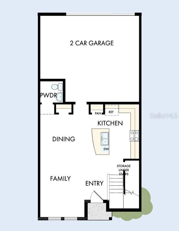 This floor plan shows the first level of a home with a garage, kitchen, and living area — 3542 CASPIAN CHERVIL STREET, WESLEY CHAPEL, FL