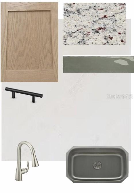 This design board displays kitchen finish samples including wood cabinetry, granite countertops, and hardware — 3542 CASPIAN CHERVIL STREET, WESLEY CHAPEL, FL