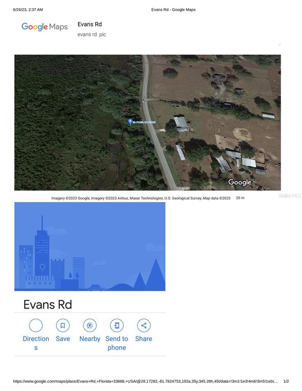 This is a Google Maps satellite view showing a road bordered by rural land and buildings — EVANS RD, POLK CITY, FL