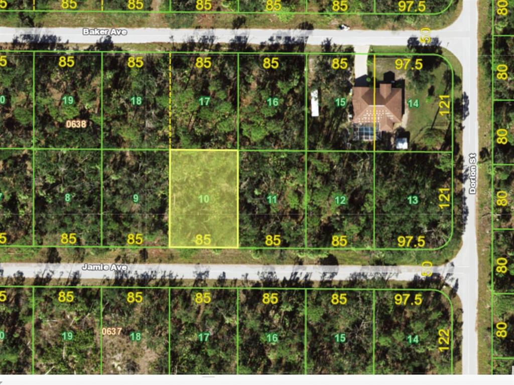This is a map showing a vacant, highlighted residential lot surrounded by wooded properties — 17146 JAMIE AVENUE, PORT CHARLOTTE, FL