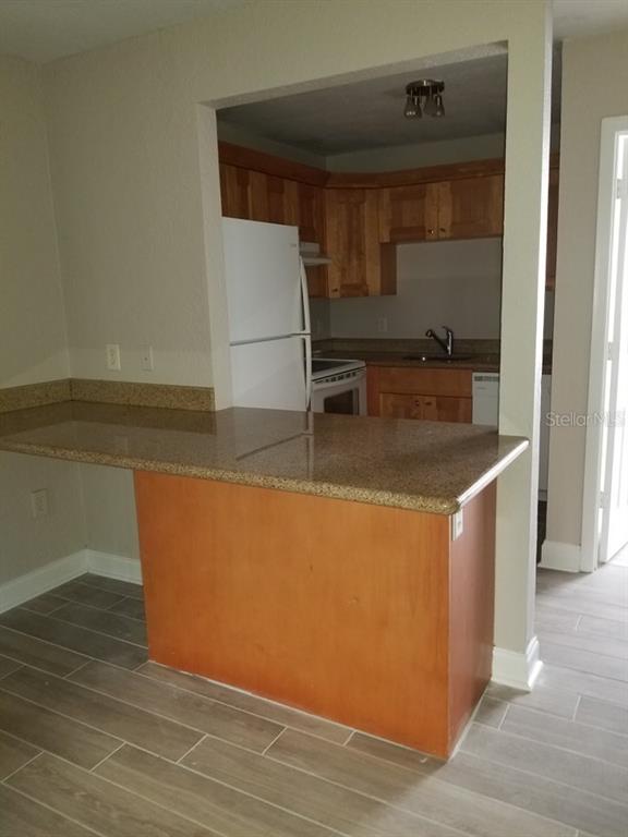 A kitchen with wood cabinets and a granite-topped breakfast bar overlooks a tiled room — 3914 W NEPTUNE STREET UNIT 11, TAMPA, FL
