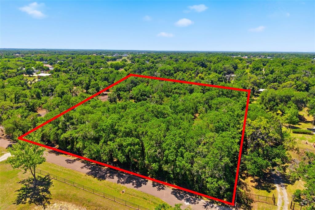 An aerial view shows a large, wooded plot of land outlined in red with numbered sections — 19084 RED BIRD LANE LOT 5, LITHIA, FL