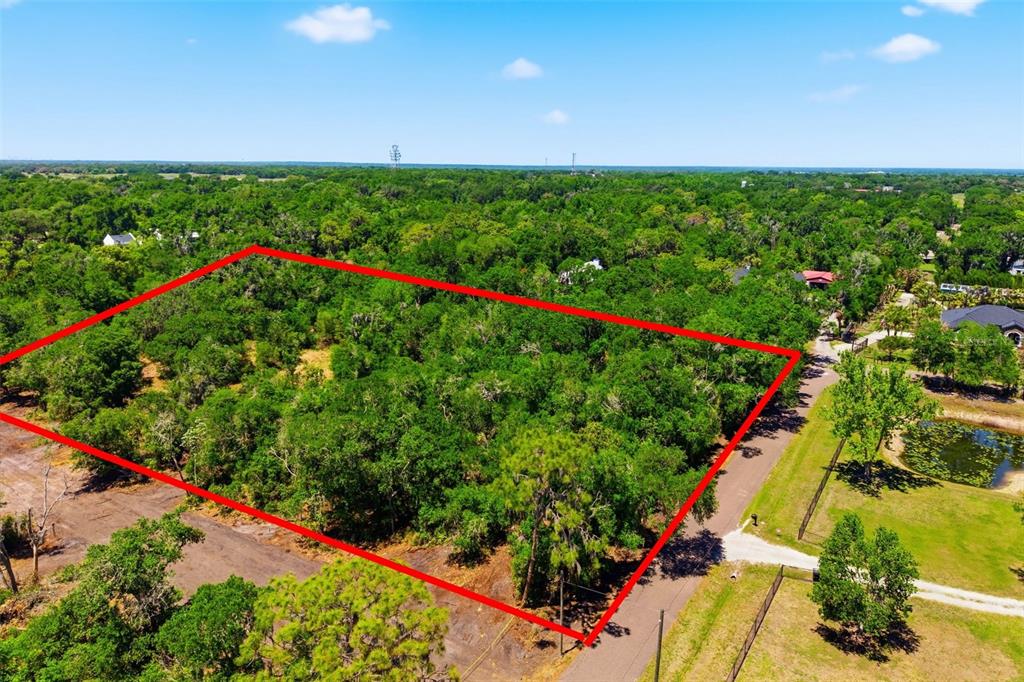 An aerial view shows several houses on large, grassy lots with a pond and trees — 19084 RED BIRD LANE LOT 5, LITHIA, FL