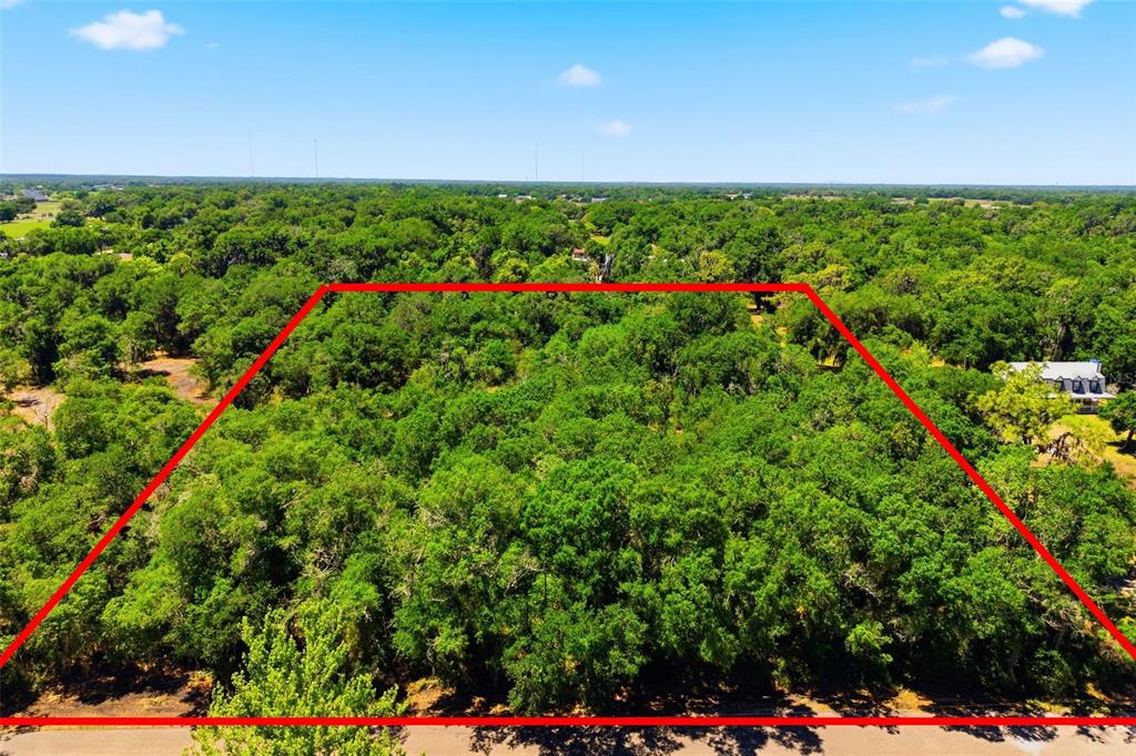 An aerial view shows five plots of land outlined in red on a wooded lot — 19084 RED BIRD LANE LOT 5, LITHIA, FL