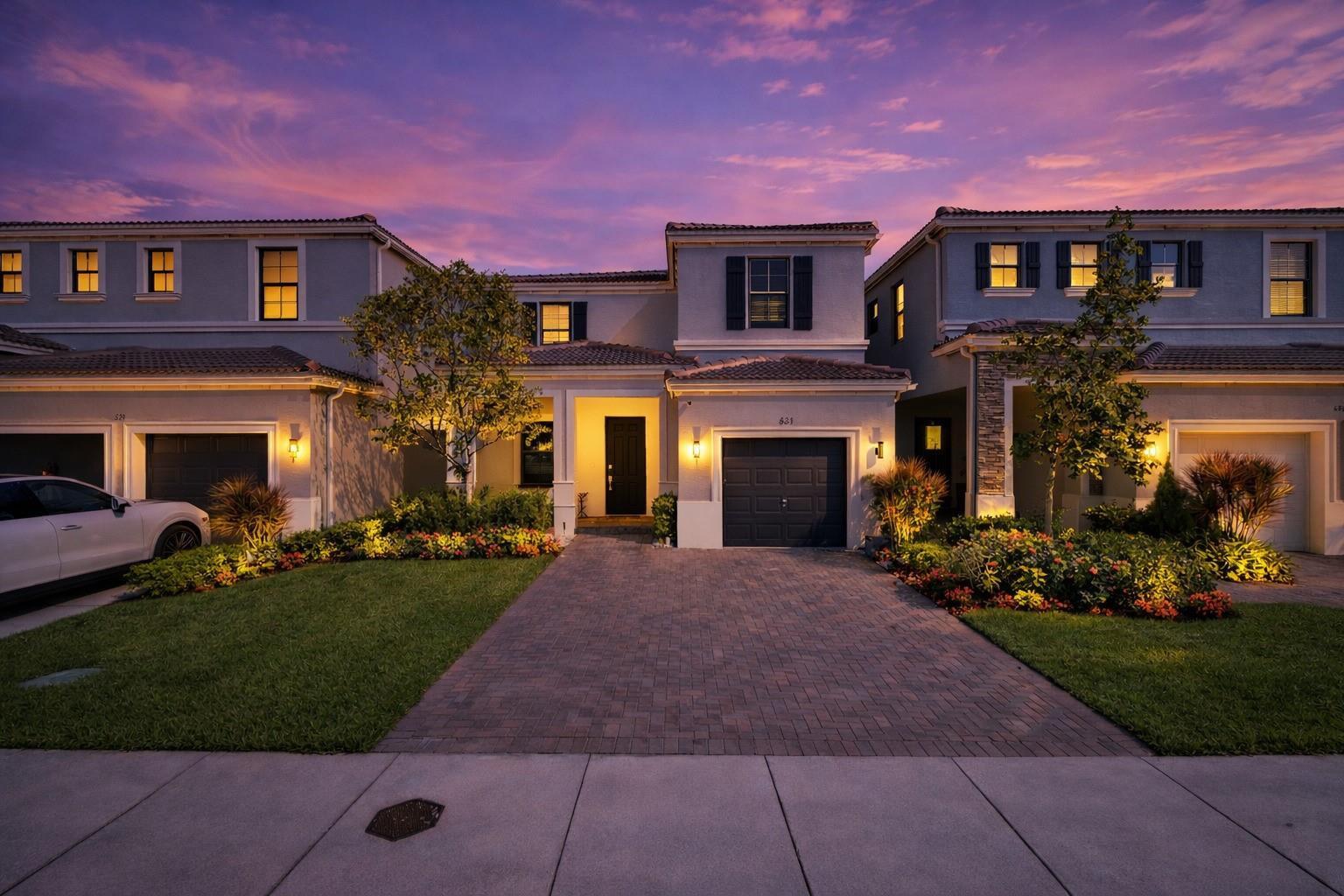 A two-story residential building with a paved driveway, garage, and landscaped front yard at dusk — 631 NE 191st Terrace, Miami FL 33179, MIAMI, FL