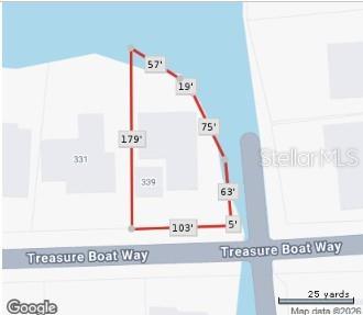 This is a property map showing the lot lines and dimensions of a waterfront parcel — 339 TREASURE BOAT WAY, SARASOTA, FL