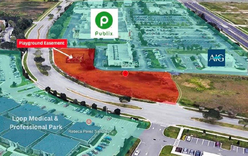 An aerial map shows a highlighted vacant lot adjacent to a shopping center and road — 0 BALL PARK ROAD, KISSIMMEE, FL