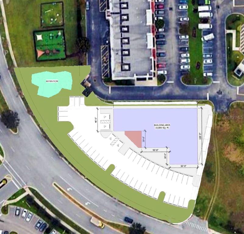 This is a site plan rendering showing a proposed building footprint, parking lot, and retention area — 0 BALL PARK ROAD, KISSIMMEE, FL