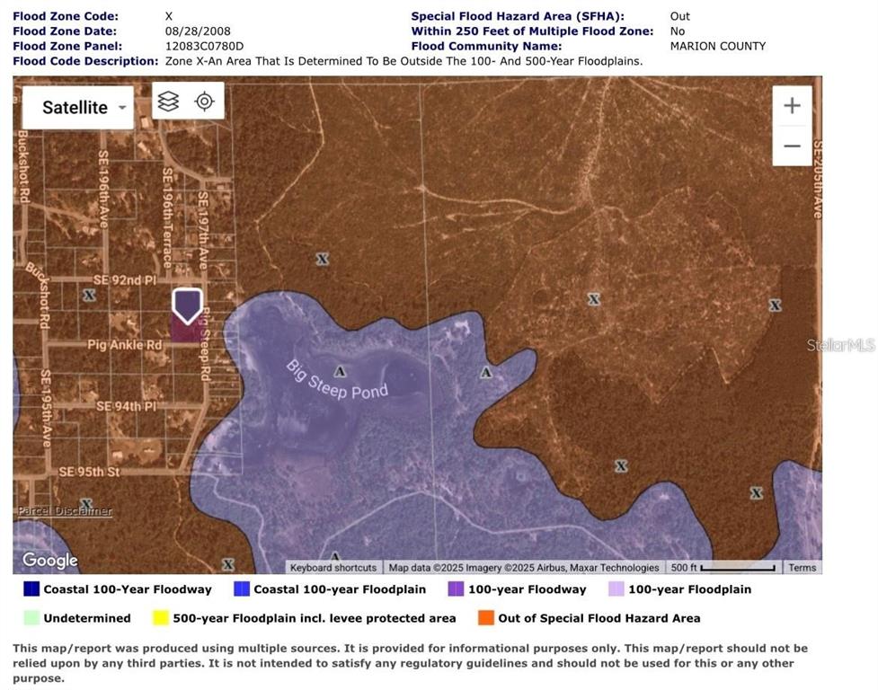 This is a flood zone map showing a property parcel near Big Steep Pond — 0 SE 197TH AVENUE, OCKLAWAHA, FL