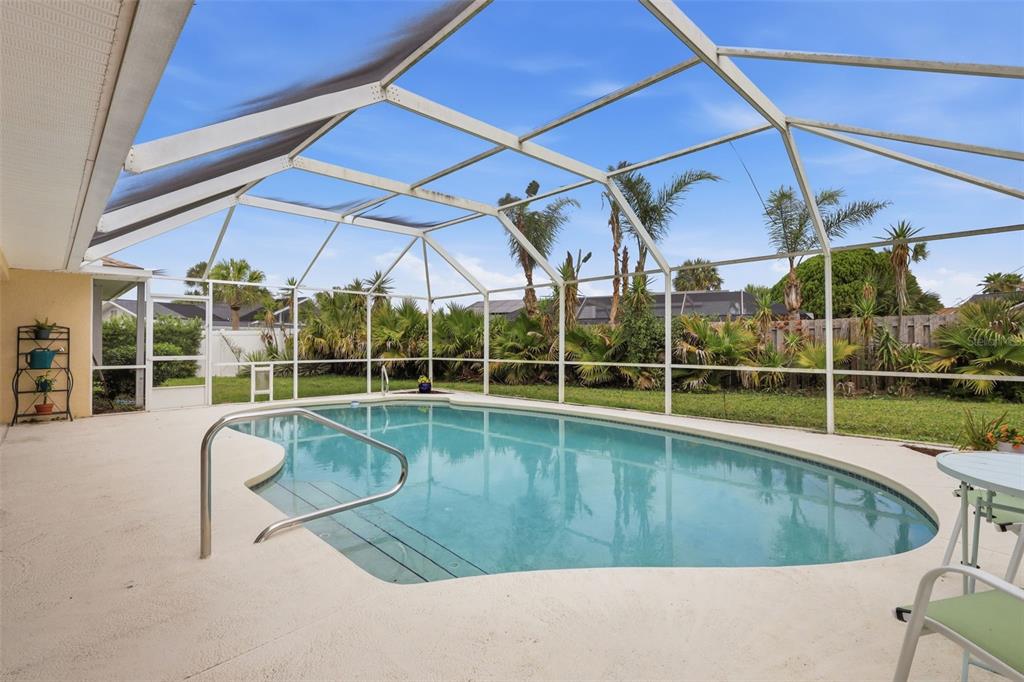 A swimming pool is enclosed by a screened lanai in a backyard with palm trees — 3 SEABRIDGE DRIVE, ORMOND BEACH, FL