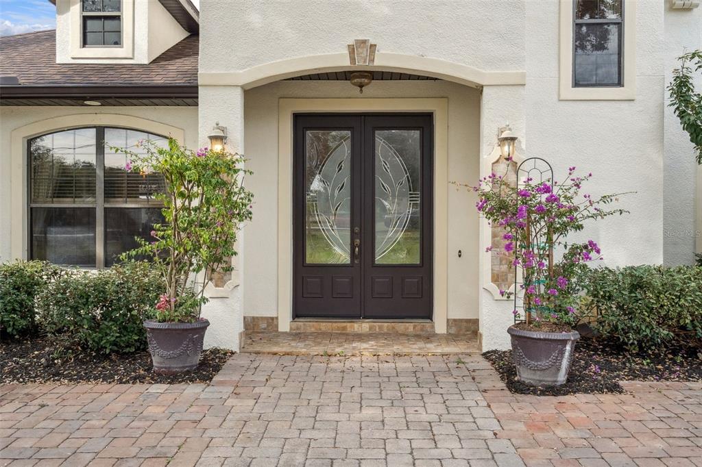 A front entrance features double glass-paneled doors, a brick walkway, and two potted flowering plants — 19949 S BUCKHILL ROAD, CLERMONT, FL