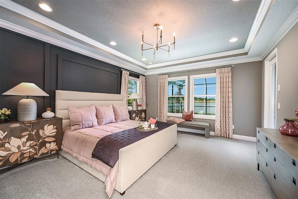 A bedroom features a dark accent wall, a light-colored bed, and windows overlooking a lake — 5373 WOLF CREEK DRIVE, APOLLO BEACH, FL