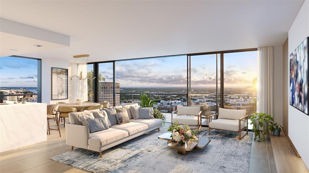 This rendering shows a modern living room with floor-to-ceiling windows overlooking a city skyline — 520 N TAMPA ST UNIT 2206, TAMPA, FL