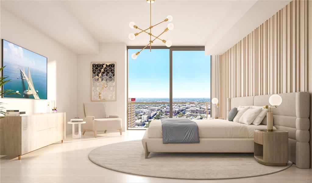 This rendering shows a modern bedroom with a large window, a bed, and light-toned furniture — 520 N TAMPA ST UNIT 2206, TAMPA, FL