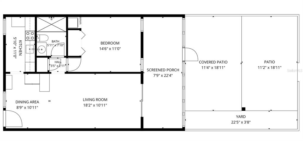 This floor plan shows a one-bedroom apartment with a kitchen, living area, and outdoor patio — 2637 CLUB CIRCLE, LAKE WALES, FL