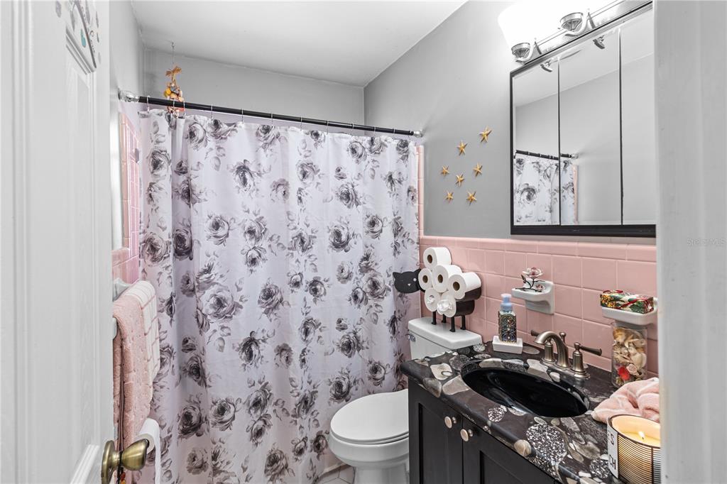 A bathroom features a floral shower curtain, pink wall tiles, a black vanity, and a mirror — 2042 ISABELLE STREET, LARGO, FL