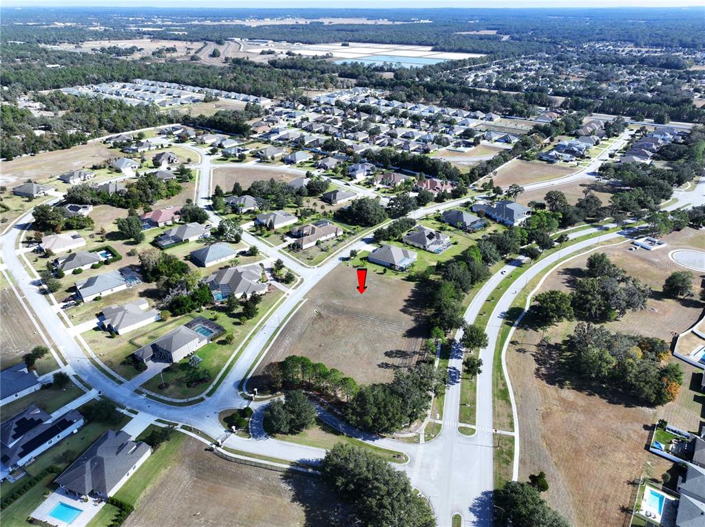An aerial view shows a vacant residential lot marked by a red arrow — 13822 BASSINGTHORPE DRIVE, SPRING HILL, FL