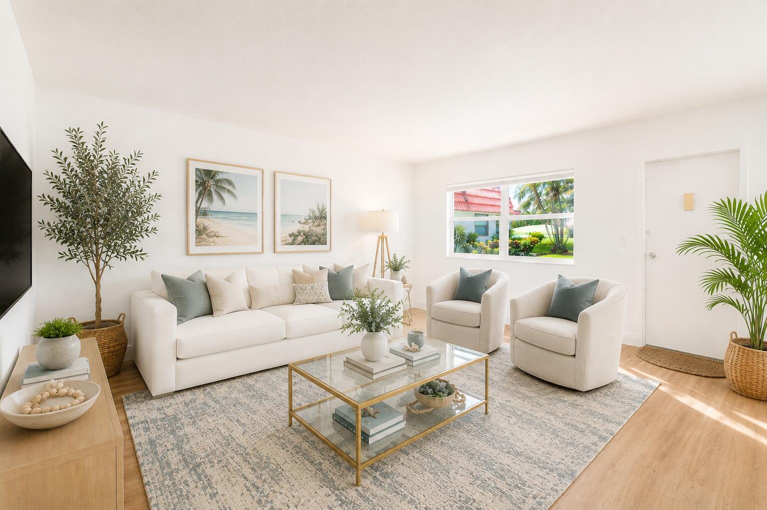 A bright living room features a white sofa, two armchairs, a glass coffee table, and plants — 221 Waterford # J, Delray Beach FL 33446, DELRAY BEACH, FL