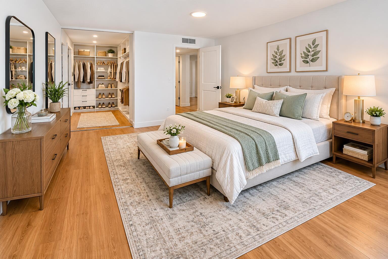 A bedroom features a bed with green accents, a wooden dresser, and an open walk-in closet — 221 Waterford # J, Delray Beach FL 33446, DELRAY BEACH, FL