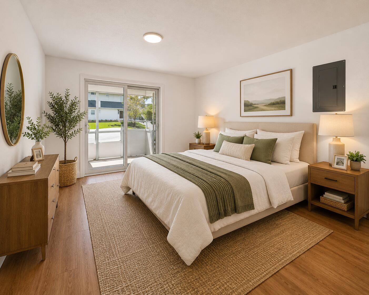 A bedroom features a bed with green accents, wood furniture, a rug, and a sliding door — 221 Waterford # J, Delray Beach FL 33446, DELRAY BEACH, FL