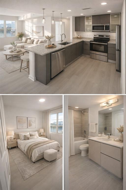 A composite image showing a modern apartment kitchen, bedroom, and bathroom with neutral finishes — 5587 MILLENIA BOULEVARD UNIT 207, ORLANDO, FL