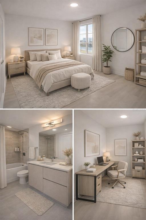 This rendering shows a bedroom, a bathroom, and a home office with neutral-toned decor — 5587 MILLENIA BOULEVARD UNIT 207, ORLANDO, FL