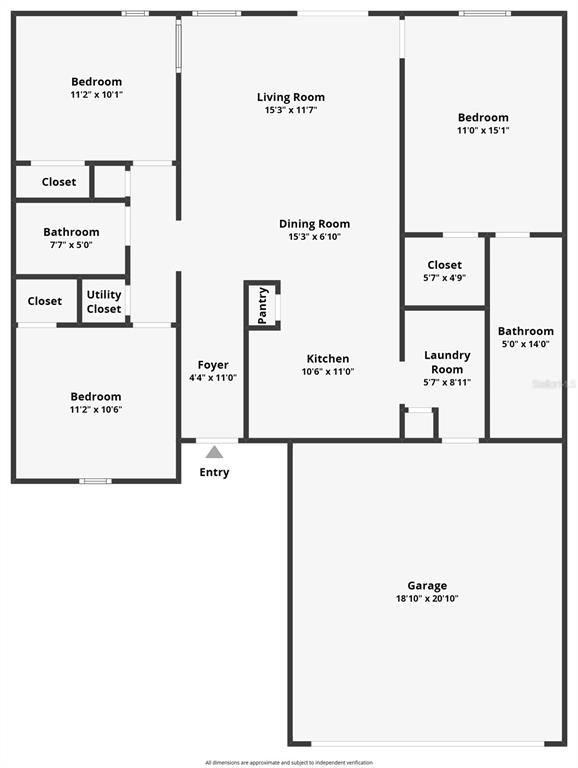 This is a 2D floor plan of a single-story home with three bedrooms and a garage — 120 BONITO WAY, KISSIMMEE, FL