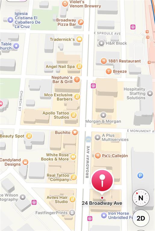 This is a digital map showing street names and local businesses in a city area — 24 BROADWAY AVENUE UNIT A, KISSIMMEE, FL