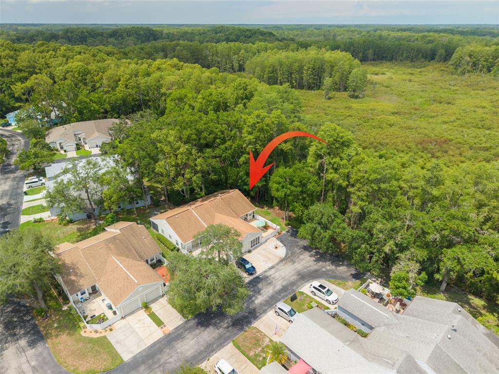 An aerial view shows a residential duplex with a brown roof and surrounding wooded area — 12432 KNOLLBROOK LANE, HUDSON, FL