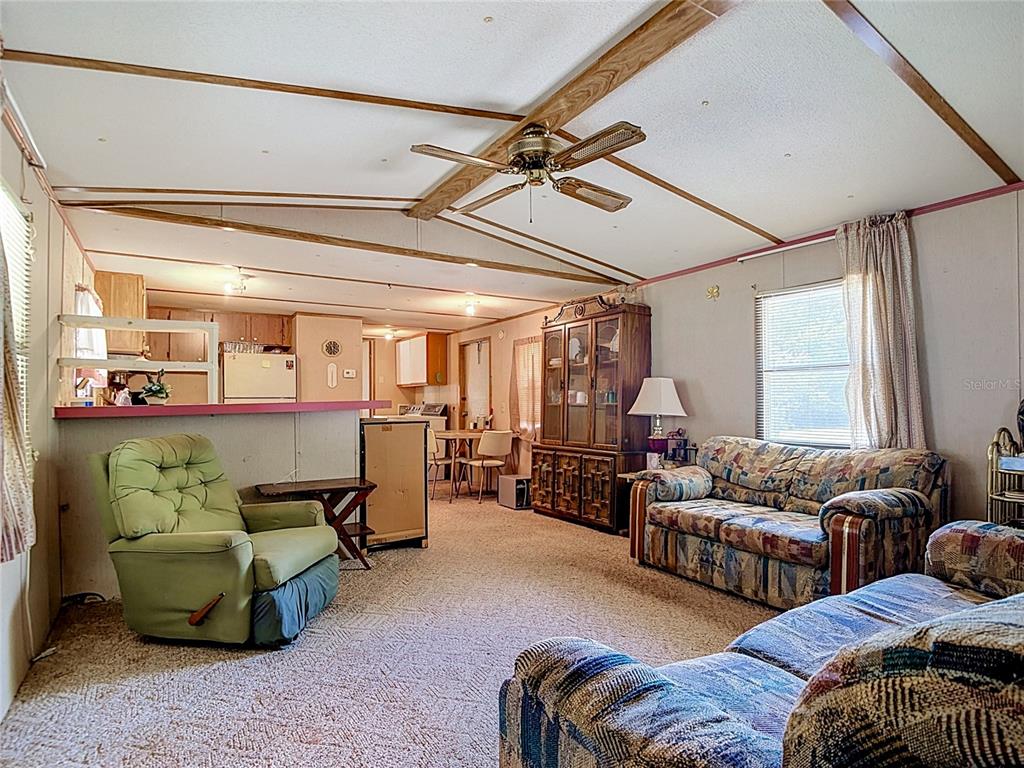 A living room with carpeted floors, a ceiling fan, a patterned sofa, and an armchair — 7848 NE 306TH COURT, FORT MC COY, FL