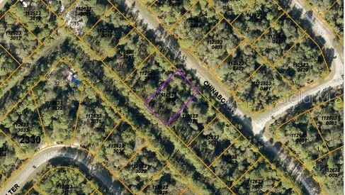 This is an aerial map view showing a highlighted vacant lot surrounded by wooded residential parcels — CHINABOX STREET, NORTH PORT, FL