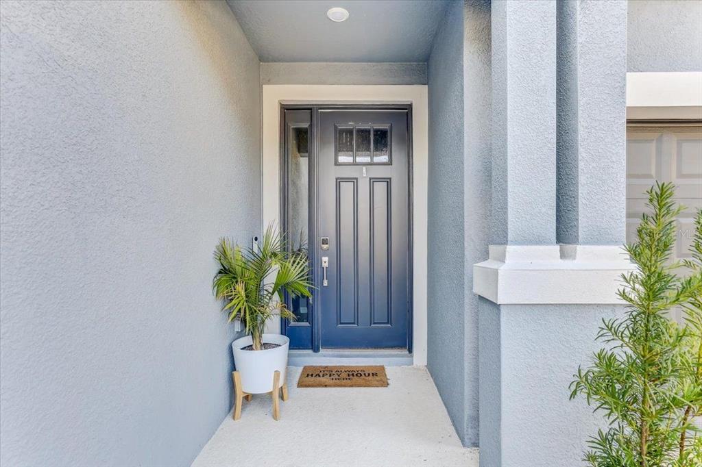 A blue front door with a sidelight and a potted plant sits on a porch — 33886 LANDSMAN LOOP, WESLEY CHAPEL, FL