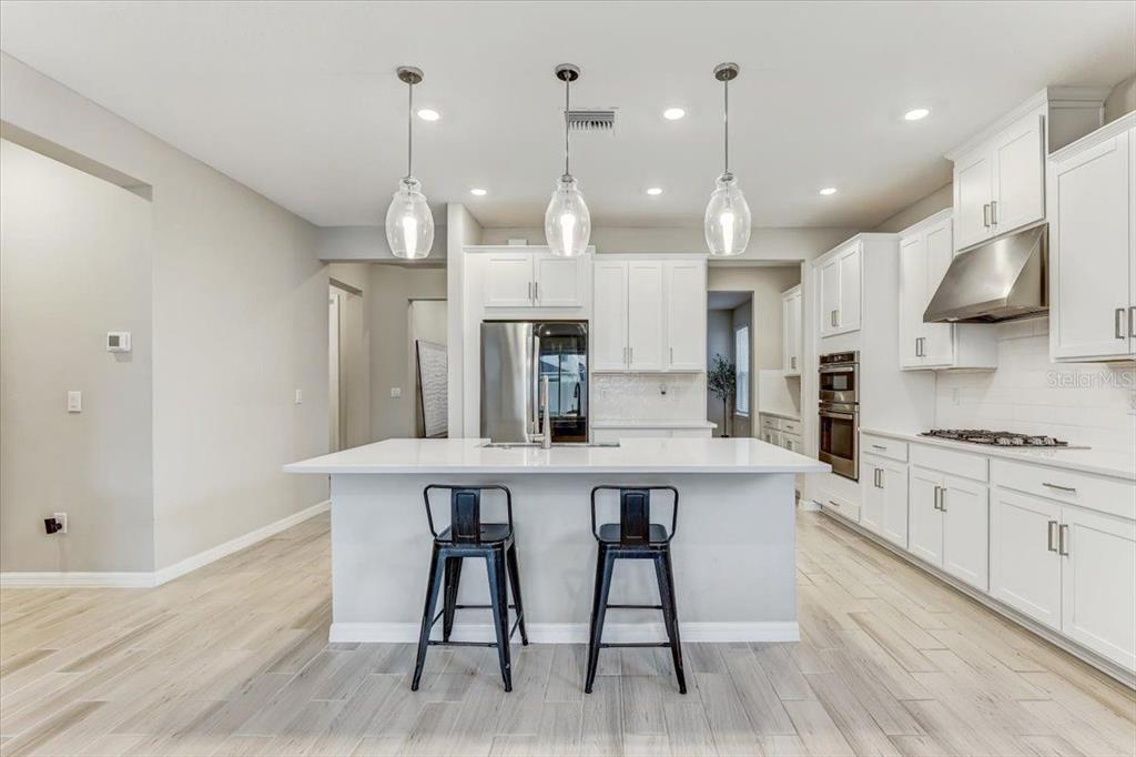 A modern kitchen features white cabinetry, a large center island with stools, and pendant lighting — 33886 LANDSMAN LOOP, WESLEY CHAPEL, FL