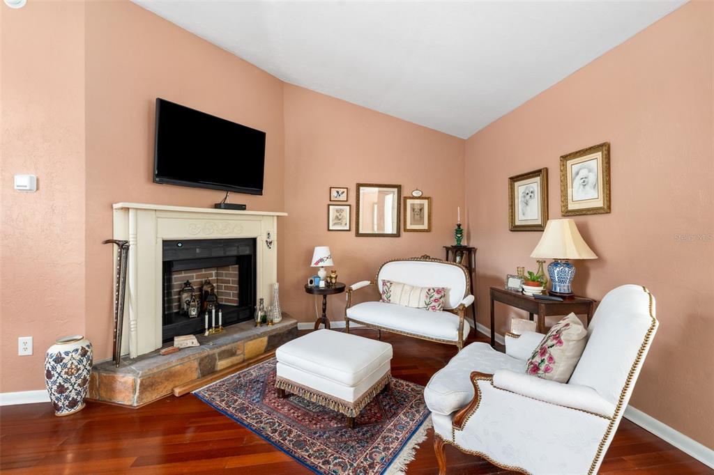 A living room features a fireplace, white furniture, a patterned rug, and peach-colored walls — 3815 NW 48TH TERRACE, GAINESVILLE, FL