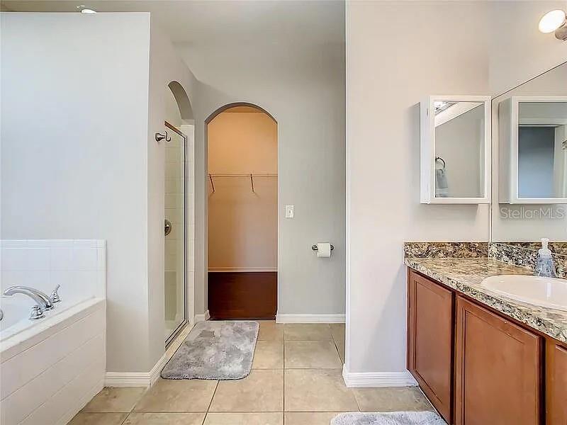 A bathroom features a soaking tub, a glass-enclosed shower, a vanity, and a walk-in closet — 210 BLACKSTONE CREEK ROAD, GROVELAND, FL