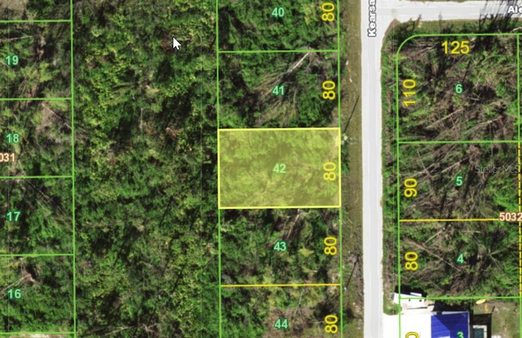 This is a map showing a highlighted rectangular land parcel labeled 42 — 10758 KEARSARGE CIRCLE, PORT CHARLOTTE, FL