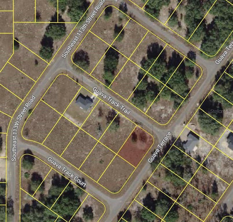 This is an aerial map view showing vacant residential lots and streets in a neighborhood — 00 GUAVA TRACK TRAIL, OCKLAWAHA, FL