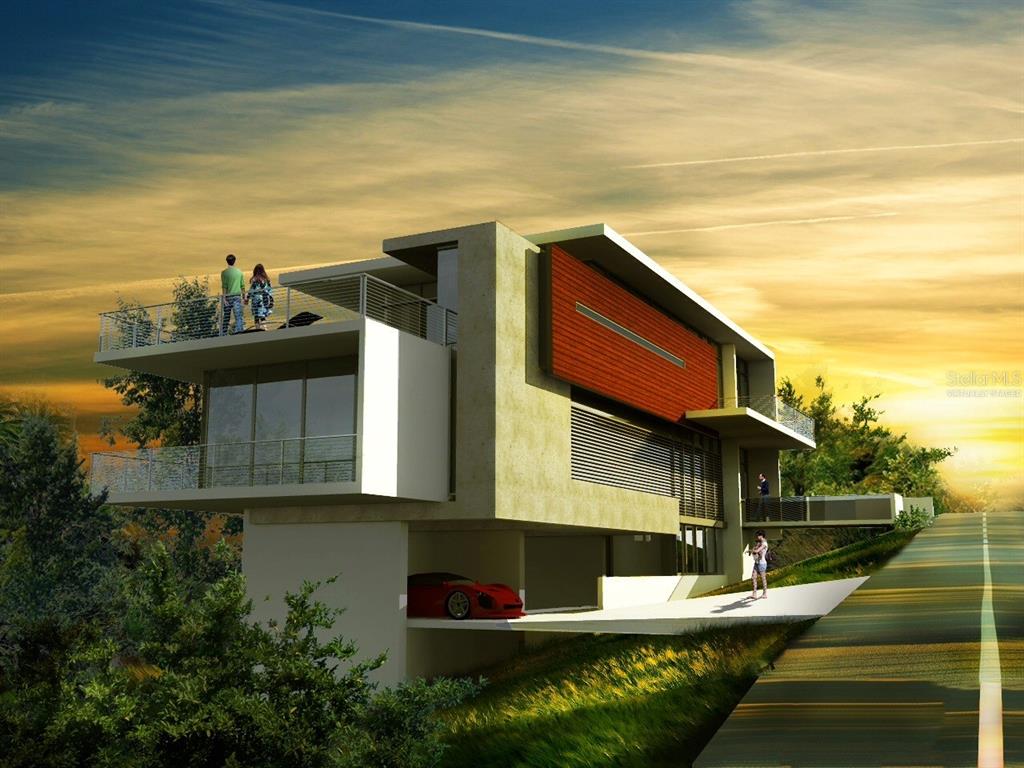 This is a digital architectural rendering of a modern multi-level home with a red car — B LA ROCA DEVELOPMENT LOT 190, FAJARDO, PR