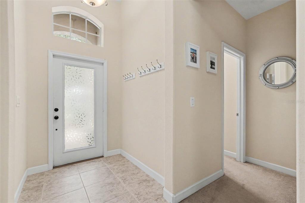 An entryway features a glass-paneled front door, tile flooring, wall hooks, and a circular mirror — 20057 OAKFLOWER AVENUE, TAMPA, FL