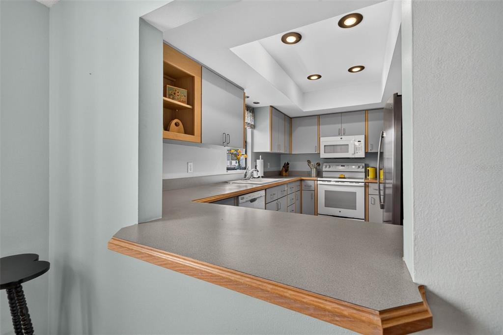 A kitchen with gray cabinets, laminate countertops, and a recessed ceiling with four lights — 2490 HERON TERRACE UNIT #F203, CLEARWATER, FL