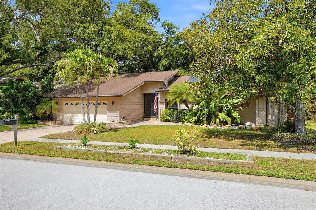 A single-story house with tan siding, a two-car garage, and a landscaped front yard — 4733 LAKE VALENCIA BOULEVARD W, PALM HARBOR, FL