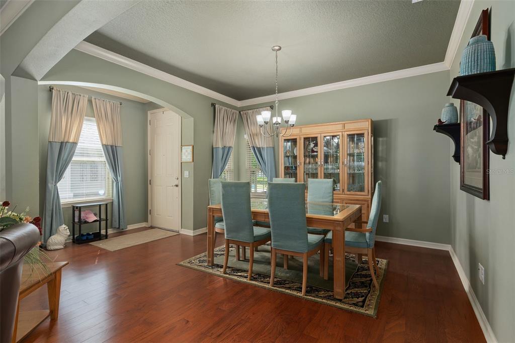 A dining room with sage green walls, a wooden table, blue chairs, and hardwood floors — 2594 STARGRASS CIRCLE, CLERMONT, FL